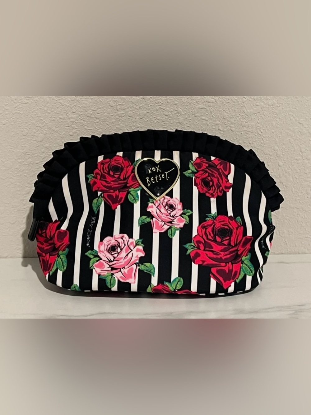 BETSEY JOHNSON Stripe Floral Ruffle Cosmetic Makeup Bag Black White Pink Roses